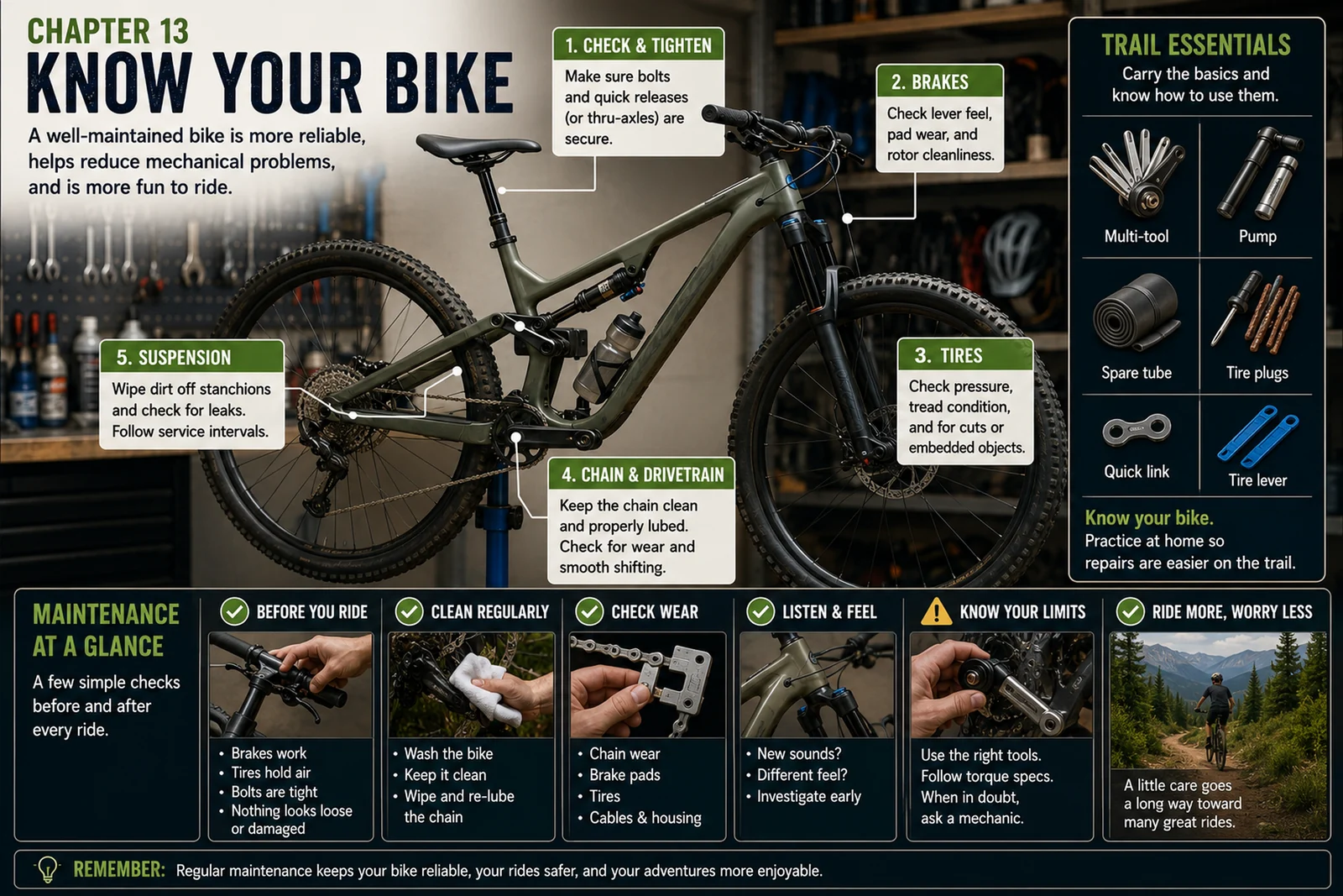 Mountain-bike maintenance and trail readiness illustration