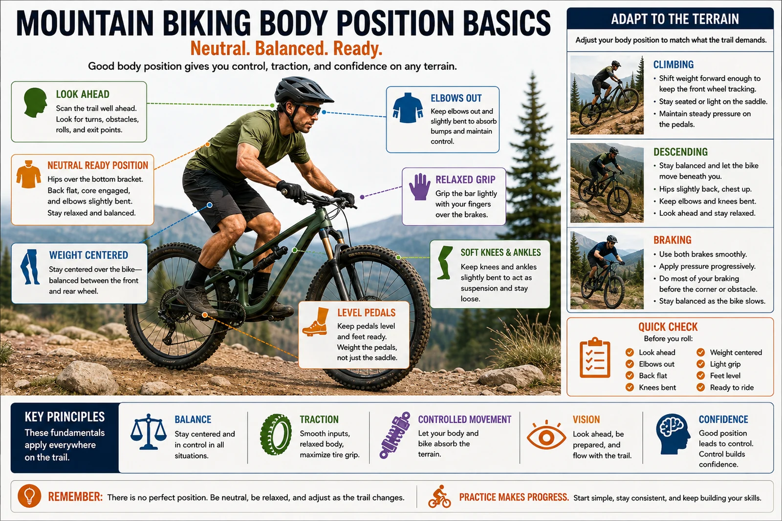 Fundamental mountain-bike riding positions illustration